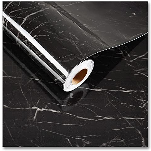 CRE8TIVE Schwarz Marmor Tapete Selbstklebend Glänzend Klebefolie Möbel Küchenrückwand Marmor Folie für Möbel Arbeitsplatte Folie Küche Tapete Badezimmer Wasserfest Wohnzimmer 30cm x 200cm