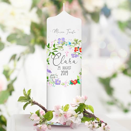 Taufkerze Kerze zur Taufe oder Kommunion Blumenkranz Kreuz Taufspruch mit Wunschname & Datum, 1 Taufk. + 2 Patenk.