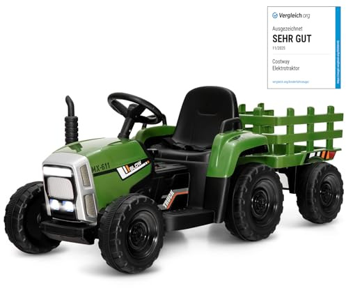 COSTWAY Traktor mit Anhänger zum Aufsitzen, für Kinder, 12 V, ferngesteuerter elektrischer Traktor, mit Licht und Geräuschen, 30 kg, 3+ Jahre (Dunkelgrün)