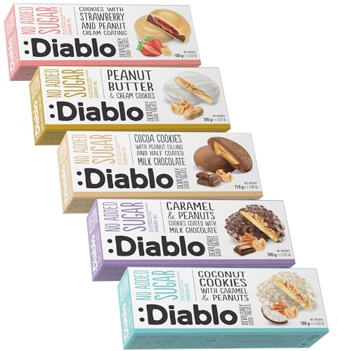 Diablo No Added Sugar Cookies – Mixed Flavours No Added Sugar Luxury Biscuits, Healthy Crunchy Snacks Gift Box for Adults, Kids and Families – Peanut Lovers, Pack of 5