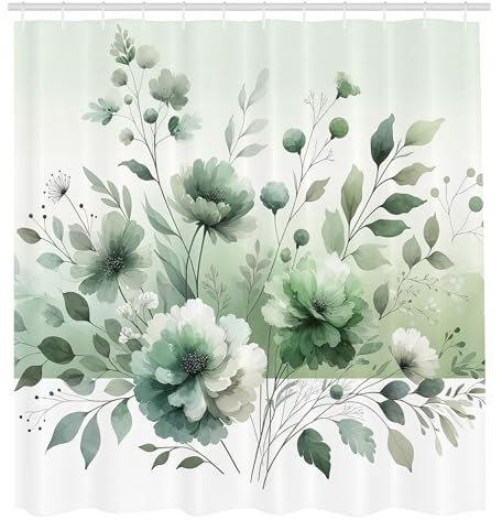 ABAKUHAUS Verde salvia Tenda da Doccia, Moderna fattoria verdeggiante, Tessuto Set di Decorazioni per il Bagno con Ganci, 175 x 200 cm, Blu Cadet Bianco Sporco
