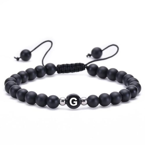 Wycian Armkette Damen mit Steinen, Perlen für Armbänder 6mm Achat Kristall Schwarz Metalllegierung Verstellbare Perlen mit Buchstabe G 17cmx6mm 1er