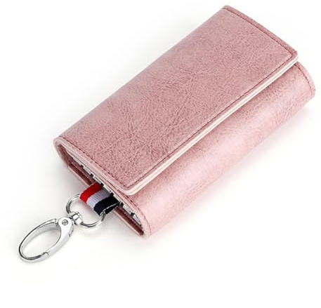 Estuches de Llave, Portallaves de Cuero,Portallaves de Piel, con Seis Ganchos para Llaves, Portátil Llavero Hombre y Llavero Mujer (Rosa)