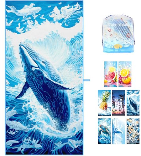 ZIOSINM Toalla Playa Grande Toalla Microfibra 180 * 90cm Toalla de Playa Toalla Piscina para Nadar, Playa, Viajar, Secado Rápido, Antiarena (Ballena)