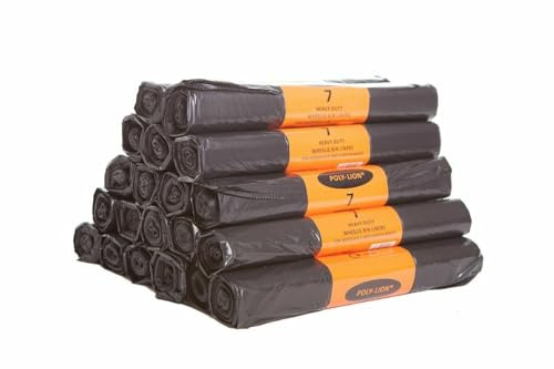 Bag Market | Heavy Duty Black Wheelie Bin Liners/Bags on a Roll - 300L - Rubbish, Refuse, Sacks - 7 per Roll | Poly-Lion (20 Rolls - 140 Bags)