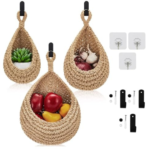 Gevvnss Hängekorb 3 Stück, Hängekorb Hängend Wandkorb, Geflochten, Braun, Beige, Juteseil, Bohemian, Rustikal, Rechteckig, Ohne Stiel, Für Küche, Wohnzimmer, Bad