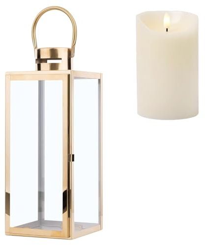 Marrakesch Skandinavische Deko LED Windlicht Laterne 43cm aus Edelstahl eckig | Teelichthalter als Tischdeko Wohnzimmer Deko | Kerzenhalter jarda gold als Balkon Terrasse & Garten Aesthetic Gartendeko