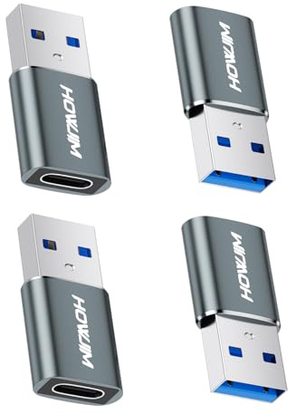 HOWJIM Adattatore da USB a USB C 4 pezzi,Ricarica Rapida PD27W/66W Trasferimento Dati 5Gbps,Adattatore da Type-C Femmina a USB 3.0 Maschio per M-acBook Phone 17/16/15 Pad G-alaxy P-ixel X-peria Grigio