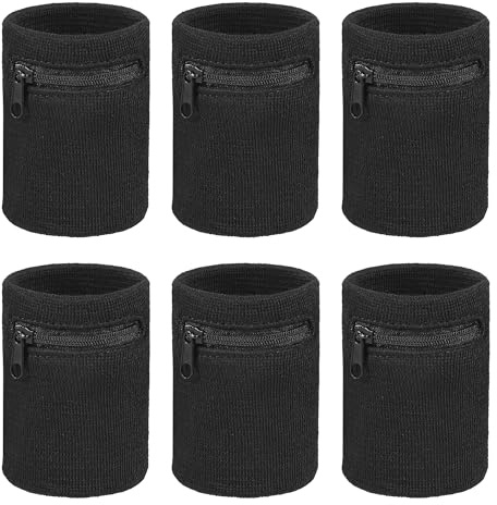 Schweißband Sport Wristband,6 Stück Handgelenktasche mit Reißverschlusstasche Tasche Armband Brieftaschen Baumwoll Schweißband Arm Schwarz für Outdoor Laufen Radfahren