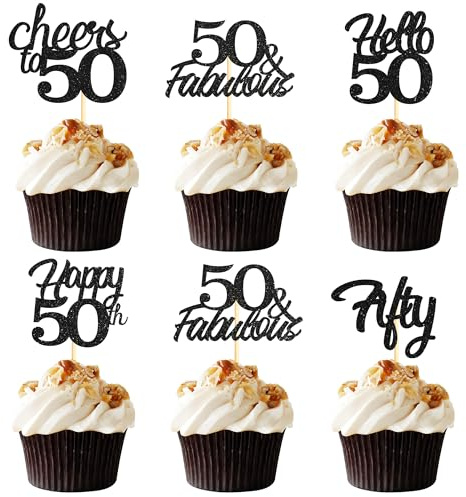 Sotpot 30 Pack 50th Birthday Cupcake Toppers Hello 50 Cheers to 50 Years Cupcake Picks Cake Decoration for 50th Milestone Birthday Anniversary Party Black Glitter