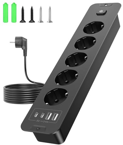Vipwell Unterputz Steckdose mit USB,Tischsteckdose Versenkbar mit 5 Fach 4 USB (2 USB C PD 20W),Einbau Steckdosenleiste für Desktop,Schrank, Zuhause und Büro (Schwarz)