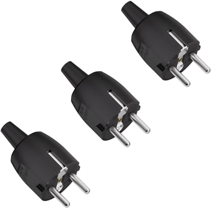 Temolink Spina Schuko set da 3, 250 V 16 A, spina con contatto di protezione e protezione anti-piegatura, spina Schuko diritta IP20 con scarico di trazione, per cavi fino a 1,5 mm², Nero
