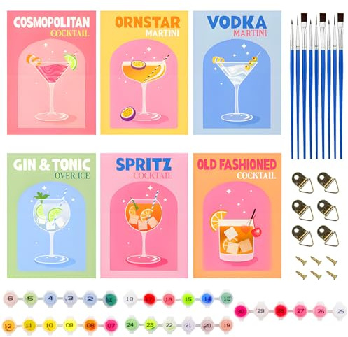 Henjunu 6 Pièces Peinture Numero Adulte Cocktail, Peinture par Numero Adulte, Peinture Numero Cocktail,pour décoration intérieure, avec peinture acrylique et 9 pinceaux,Sans cadre