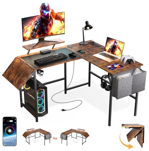 L Shaped Gaming Desk 120-150cm, Reversible Corner Computer Desk with LED RGB Lights, Power Outlets & USB Charging, Monitor Stand, Storage Bag, Headphone Hook, Cup Holder for Home Office Bedroom Study