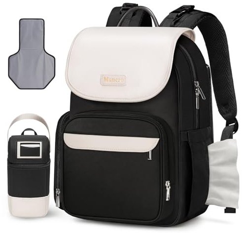 Mancro Small Diaper Bag Backpack with Changing Pad, Stylish Diaper Bag with Insulated Bottle Pocket, Water Resistant Baby Bags for Mom for Travel with Stroller Straps, Black-White