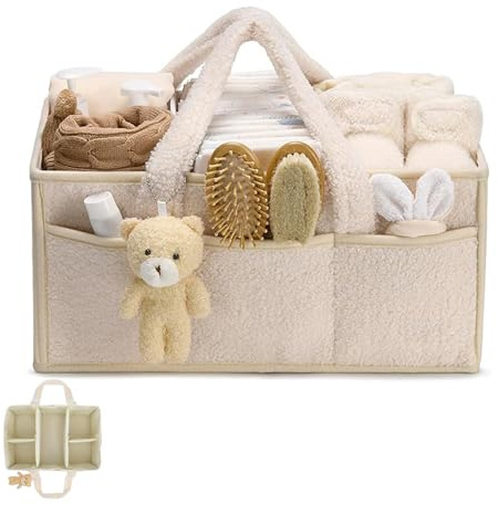 Wickeltasche Organizer, Wickeltisch Organizer, Tragbarer Wickelkorb mit Herausnehmbaren Fächern, Plüsch Wickelorganizer mit Griffen, Baby Aufbewahrungskorb für Wickel und Babysachen (Cremefarben)