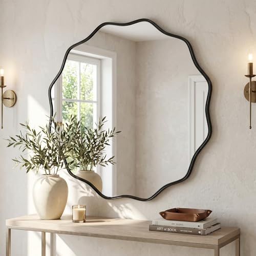 BEAUTYPEAK Runder Spiegel 60 cm, Schwarz Wandspiegel mit Gewellter Kante | Badezimmerspiegel mit Aluminiumrahmen, zum Aufhängen und Anlehnen, Rund Wandspiegel für Schlafzimmer, Flur, Zimmer Deko
