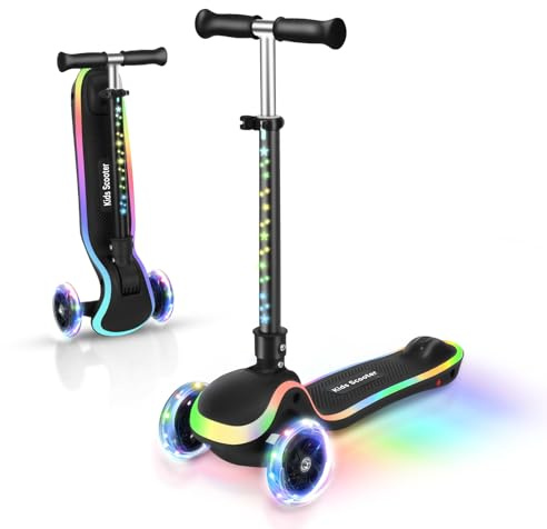 AODI Trotinette Enfant 3 Roues de 2 à 10 Ans, Trottinette avec Siège 2 en 1, Trottinette Pliable avec Guidon Réglage en Hauteur et Roues LED, Scooter Antidérapant pour Filles et Garçons