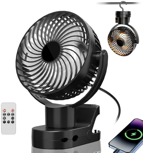 Gemmac USB Ventilateur de Bureau, 8000mAh Ventilateur Sur Batterie Silencieux avec Télécommande, Veilleuse, Rotation de La Tête à 360° Ventilateurs Portable Rechargeable pour Poussette Bebe, Camping