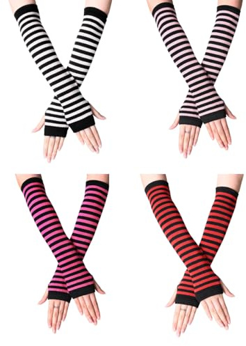 FUGLUS 4 Paare Damen Lange Fingerlose Handschuhe, Gestreift Stricken Armwärmer für Frauen, Lange Armstulpen Handschuhes, Y2k Streifen Fingerlose Armstulpen Handschuhe für Herbst Winter