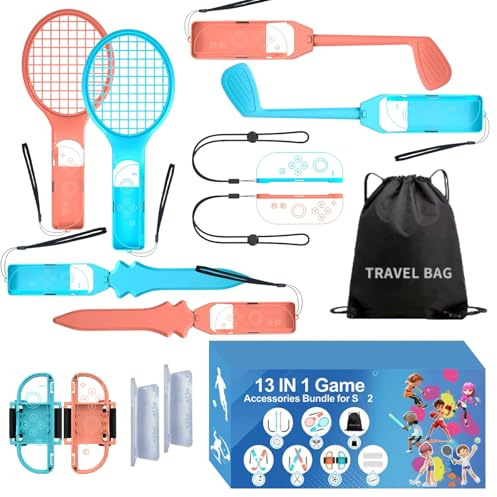 13-in-1 Compatible with Nintendo Switch 2 Sports Accessories Compatible with Switch 2 Game Tennis Racket Golf Sword Handles Wrist Leg Strap 2025 Sports Game Accessories for Family/Friend Party Game