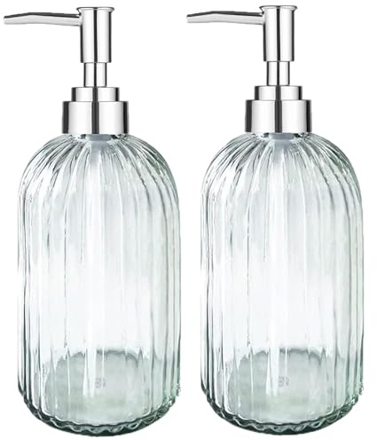 VAKOWOO 2 Pack Glass Soap Dispenser with Pump, 400ml/14Oz Liquid Hand Soap Dispenser, Refillable Glass Bottle Hand Dish Soap Jar Dispensers for Bathroom, Countertop, Kitchen, Laundry Room, Transparent