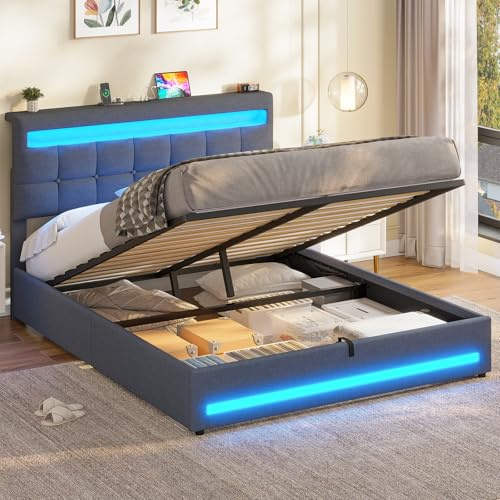 AOGLLATI Double Ottoman Bed Frame 135×190 cm with Charging Station & LED Lights, Upholstered Platform Bed frame with Under-bed Storage and Storage Headboard, No Box Spring Needed, Dark Grey Linen