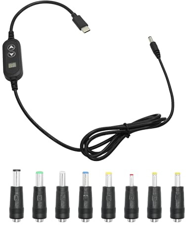 Cable adaptador USB-C a DC-PD 3.6 FT USB-C a DC 5,5 mm x 2,5 mm, cable de alimentación 5 V/9 V/12 V/15 V/20 V multivoltaje con 8 conectores CC (6,0 x 4,0, 6,3 x 3,0, 5,5 x 2,5, 5,5 x 2,1, 5,5 x 1,7