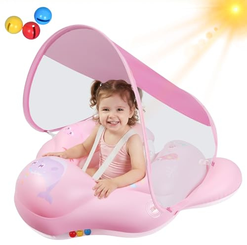 Oziral Baby Schwimmring mit abnehmbarem Sonnenschutz & Glöckchen, inklusive 1 x Handpumpe,2 x Reparaturaufklebern Kinderfreundliches Design, geeignet für Kleinkinder von 6–36 Monate Ahornrosa