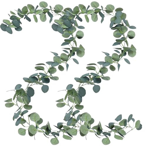 Ghirlanda di eucalipto, 2 pezzi, decorazione di eucalipto, lunghezza 1,8 m, ghirlanda artificiale come vera con foglie di salice, foglie verdi per sfondo, matrimonio, giardino, fiori artificiali