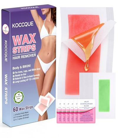 Wax Strips Waxing Kit for Women: Legs Arms Face Underarms Bikini & Facial Hair Removal | 60 Strips + 6 Wipes | Dermatologically Tested | 8-Week Smooth | Hypoallergenic All Skin Types