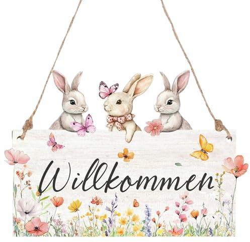 TENGWA Frühlingsdeko 128 * 188 * 5 mm Türkranz Willkommen Holz Osterdeko Türhänger Ostern Türrahmen Deko Vintage-Stil Frohe Ostern Hängedeko Geeignet für Haustür Balkon Schild Garten