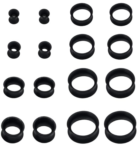 Voltvera 16 Pcs Silicone Flesh Tunnels, Flexible Flesh Ear Tunnel Gauge Plugs Expander for Unisex, Soft Ear Stretchers Plugs, Lobe Piercing Expanders with Double Flare, 6/8/10/12/14/16/18/20mm,Black