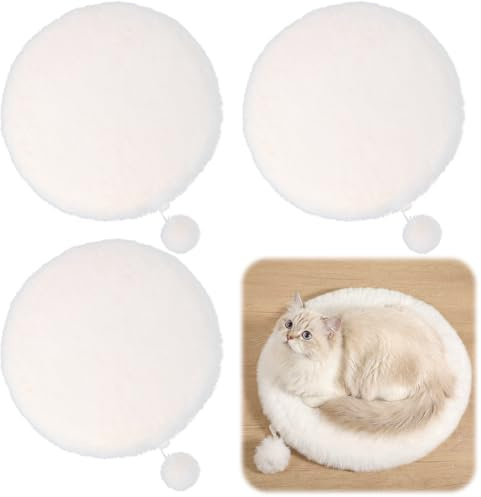 3-Pack 14 Round Cat Bed Cushion Pad Mat, Cream Faux Rabbit Fur & High-Density Foam Pet Sleeping Mat, Plush Dog Bed Mats with Wool Balls, Washable Replacement Pad for Cat Tree, Carrier, Crate, Kennel