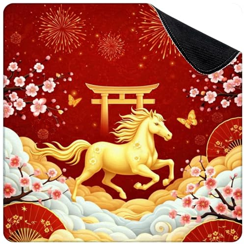 Mahjong Mat for Table Golden Horse Cherry Blossoms Fireworks Traditional Japanese Style 31.5 x 31.5 Non-Slip Noise-Reducing Game Mat Premium Mahjong Accessories for Poker Dominoes Hosting