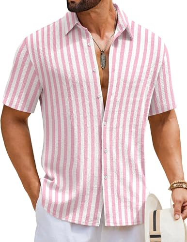 COOFANDY Camicia da uomo a maniche corte a righe, camicia estiva da uomo, a maniche corte, leggera, per il tempo libero, per vacanze, spiaggia e Smart Casual, bianco/rosa, XL