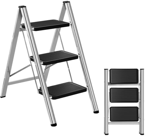 Scaletta pieghevole a 3 livelli, con pedale largo, gradini in plastica antiscivolo, portata fino a 150 kg, scala pieghevole per casa e cucina, colore nero