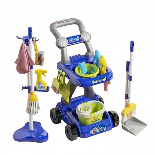 Harilla Children Cleaning Playset Kids Cleaning Set Toy Broom Mop Bucket Housekeeping Kit Pretend Tools With Storage Rack And Accessories Suitable for , Blue , Trolley SET 18PCS