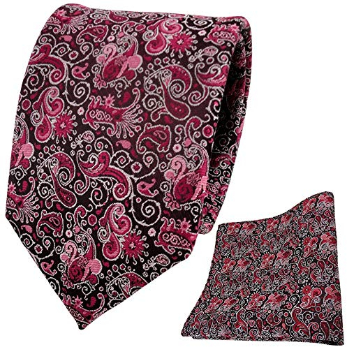 TigerTie Designer Krawatte Einstecktuch in rot bordeaux rosa schwarz silber paisley