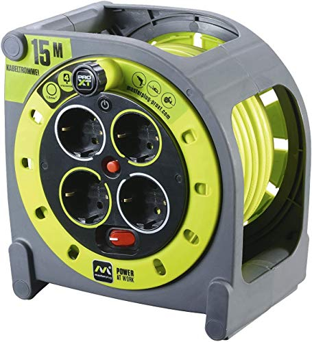 Luceco Masterplug ProXT HMG15164SL-PX Prolunga Elettrica con Avvolgicavo e Presa Multipla x 4, 15 m, grigio/verde