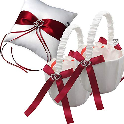 EinsSein Ringkissen + 2 Streukörbchen Set Parentesi 20x20 cm Rot-Weiß | Hochzeit Ringkissen für Eheringe Satinband Vintage Stil | Klassisch Elegant Deko für Trauung & Zeremonie