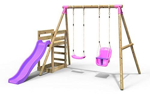 Rebo® Wooden Swing Set Plus Deck and Slide - Luna Pink | OutdoorToys | Kids' Outdoor Wooden Play Equipment for Gardens, Frame and Accessories Included, Weather Resistant