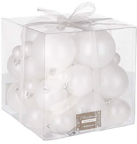 Boule de Noel 37 pièces Blanc nacré 4 5 6 7 8 cm - Plastique incassable perlé, Attaches incluses, Boule Sapin de Noel, Mix de Tailles pour décoration Sapin Premium, intérieur, vitrines, hôtels.