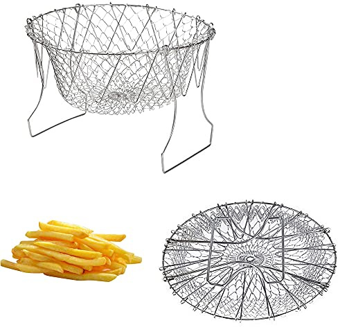 Sertay Pommes Frites Korb,2 Stücke Frittierkorb Klein Edelstahl,Edelstahl Frittierkörbchen,Zusammenklappbar,zum Pasta Machen,Salate Waschen und Trocken Schleudern,Pommes Frites Oder Obst Kochen