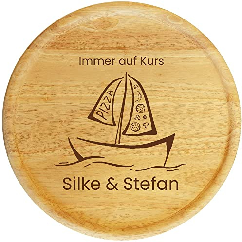 Sterngraf Pizzateller mit Gravur (Namen, Zahl) personalisiertes Holz Pizzabrett 32cm - Geschenkidee zur Silberhochzeit, Geschenke Jubiläum Jahrestag, Motiv P24 Segelboot
