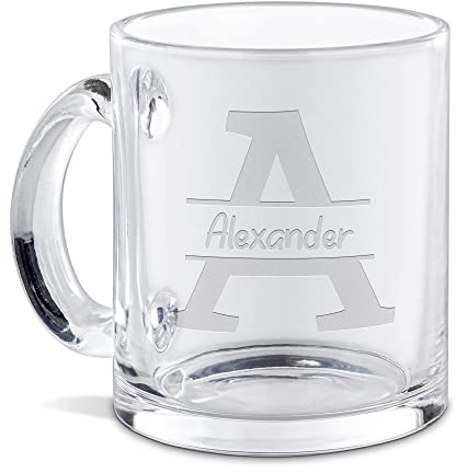Print Royal Personalisierte Glastasse graviert mit Ihrem Anfangsbuchstaben A und Namen - Namenstasse graviert, Geschenkidee, Geburtstagsgeschenk | Lasergravur, Runde Schrift, 300ml
