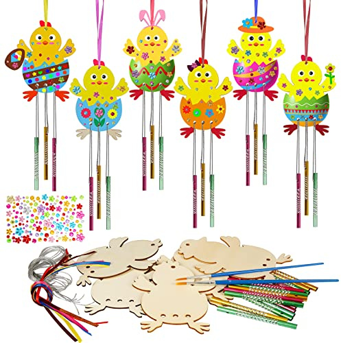 WEDNOK 6tlg Osterküken Windspiel Bastelset Ostern Basteln Holz Küken Osterbasteln Kinder Klangspiele Bastelhandwerk zum Bemalen und Dekorieren für Osterdeko Frühling Mädchen Junge