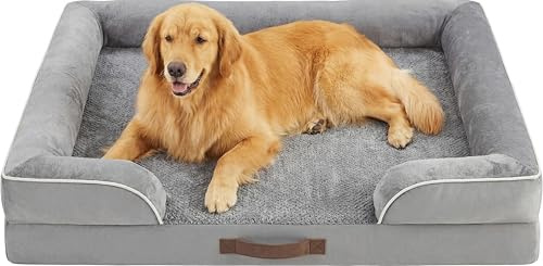 Codi Extra Large Memory Foam Layer Dog Bed, Washable Orthopedic Dogs Beds Couch with Removable Zipper Cover, Waterproof Pet Sofa with U-Shape Bolster, Grey, 106x81x(8.9+8.9) cm