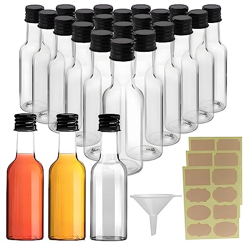 wordmouk 24 Stück Mini Fläschchen Kunststoff Likörflaschen 50ml | Kleine Schnapsflaschen mit Schraubverschlüssen und Trichter Etikettenaufkleber Fläschchen Mini-Weinflaschen