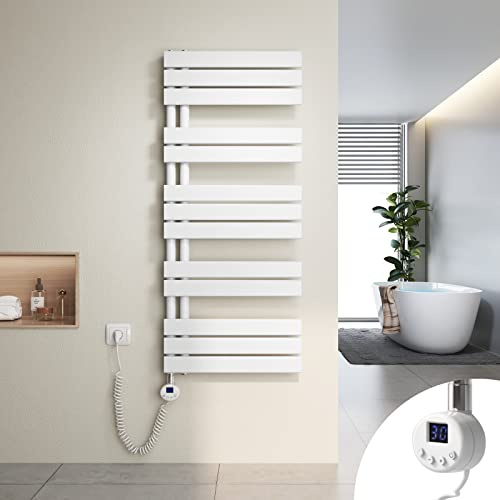 Heilmetz Scaldasalviette Elettrico Bagno 1176x500mm 600W, Termoarredo Elettrico Bagno con Barra riscaldante termostato，con Funzione di temporizzazione（Bianco）